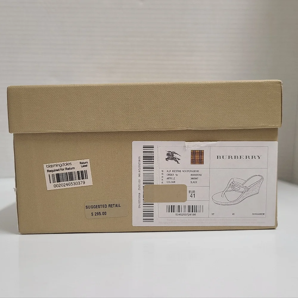 Burberry Vintage Black Patent Nova Check Wedge Thong Sandals with Box Sz 41 US 9